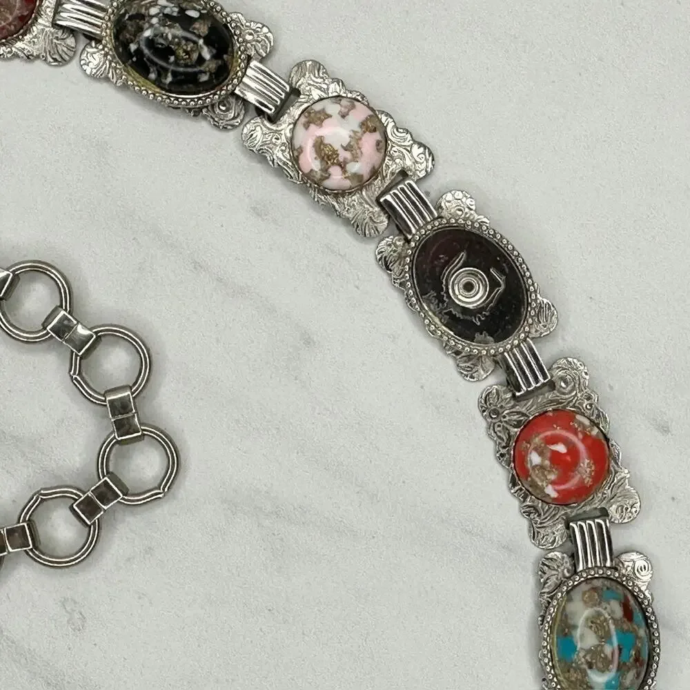 Multicolor Cabochon Concho Silver Tone Chain Link Belt Small/Medium (S/M) Boho ✨ - Picture 5 of 11